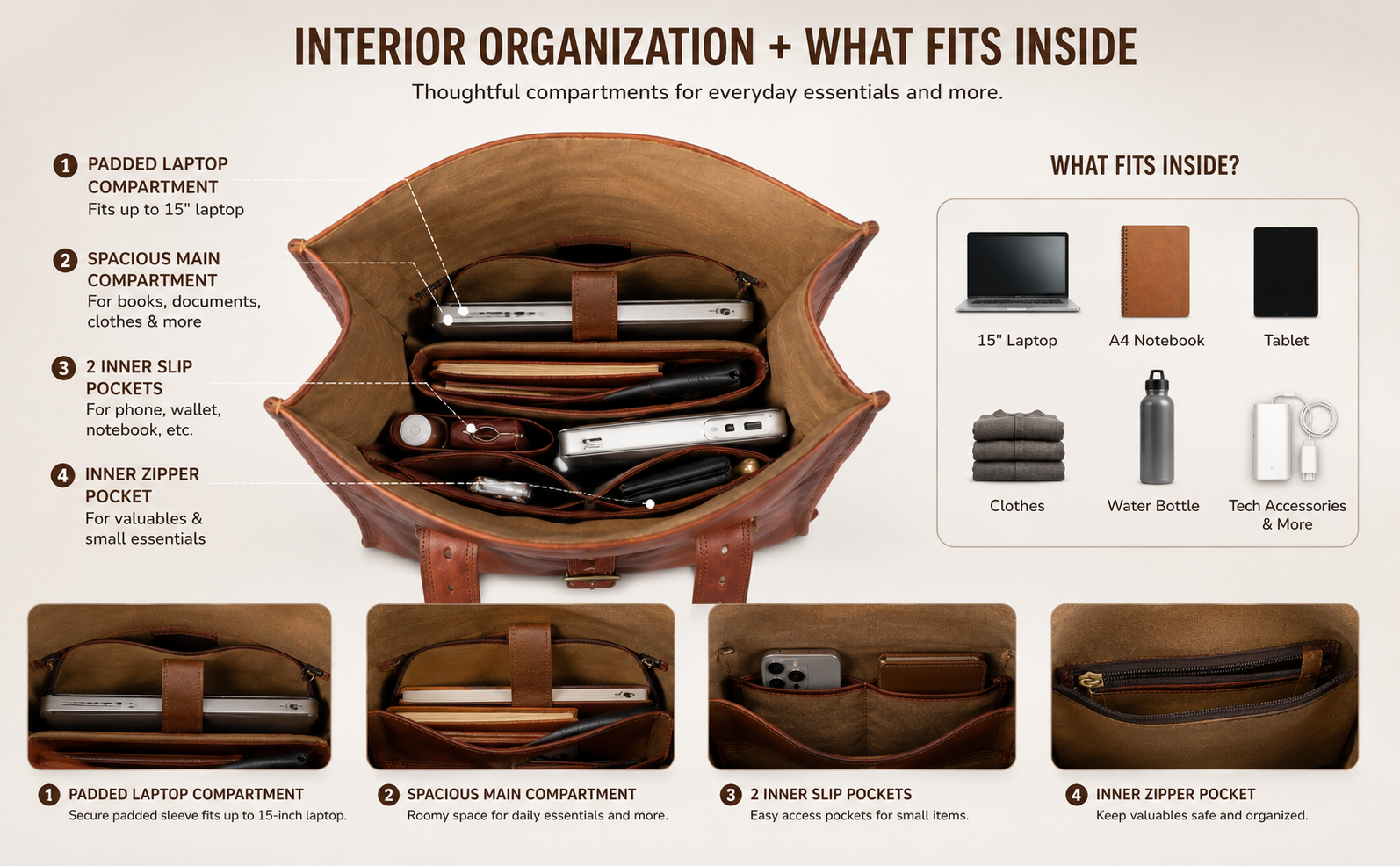Open full-grain goat leather roll-top backpack displaying organized compartments, padded laptop sleeve, slip pockets, zipper pocket, and storage space for everyday essentials.
