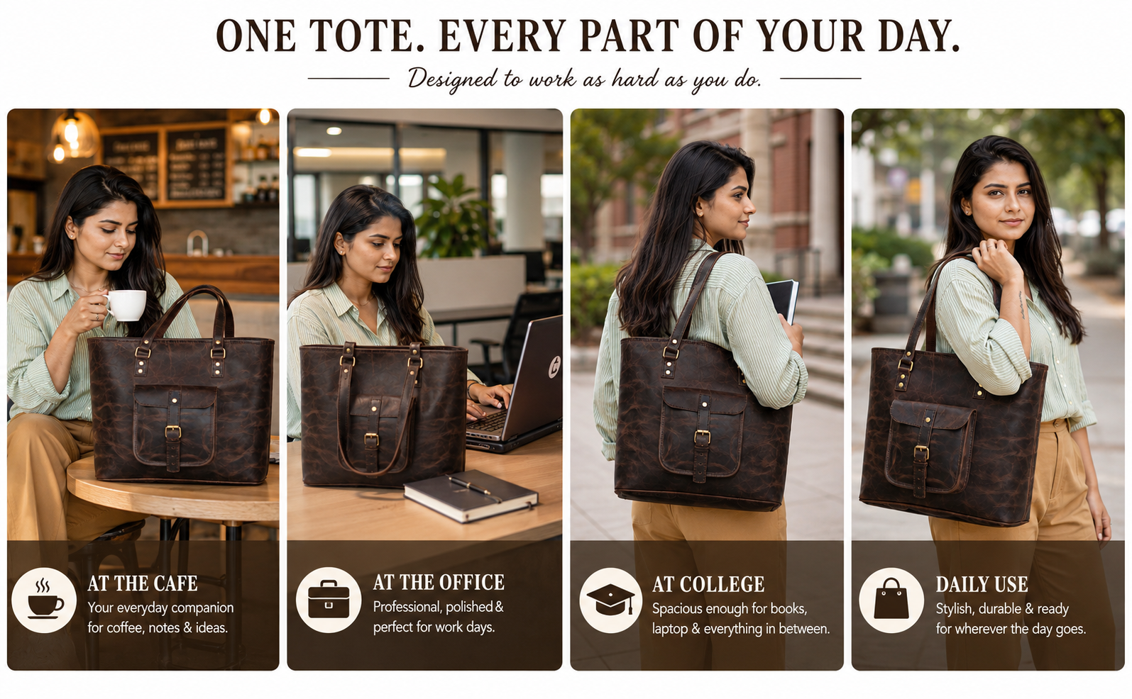 Woman carrying a vintage leather tote bag in everyday settings including a café, office, college campus, and daily commute, showcasing versatility and style.