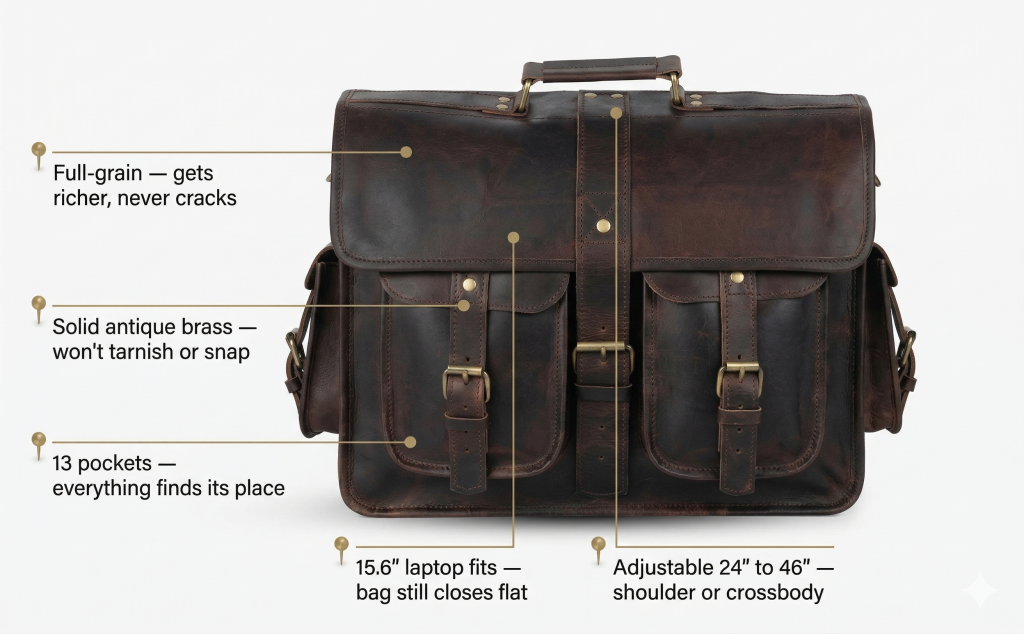 Premium dark brown full-grain leather messenger bag featuring multiple storage compartments, antique brass hardware, adjustable shoulder strap, and spacious organization for work, travel, and daily use.