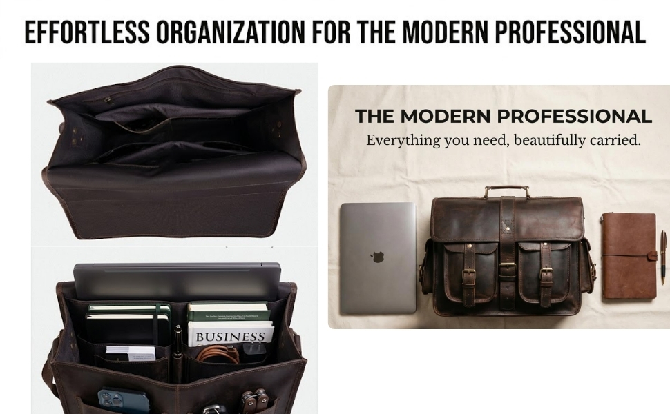 Open full-grain leather messenger bag displaying organized compartments and daily essentials, including a laptop, notebooks, phone, and accessories for professional use.