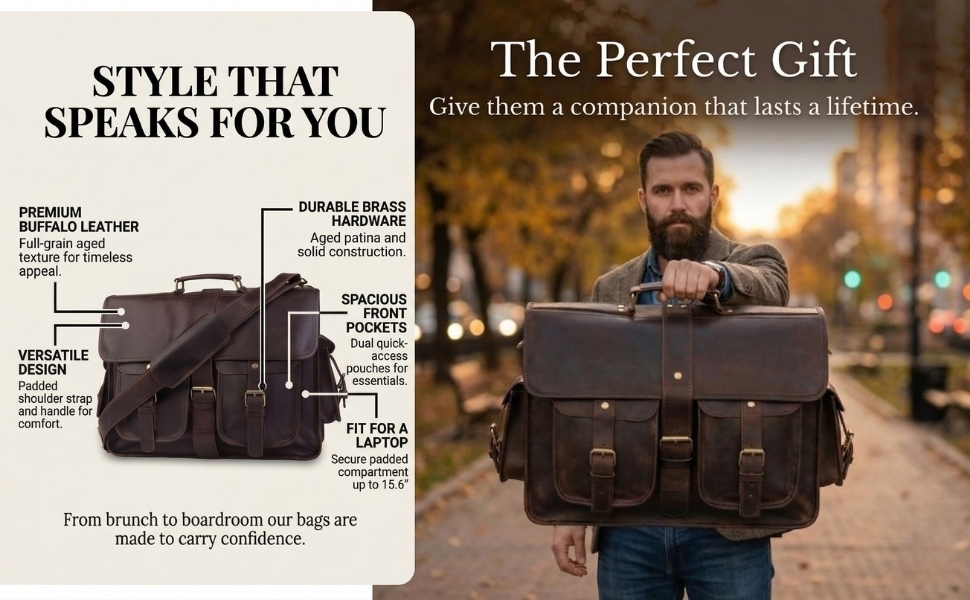 Full-grain leather messenger bag featuring premium brass hardware, spacious compartments, laptop storage, and a professional lifestyle gift presentation.