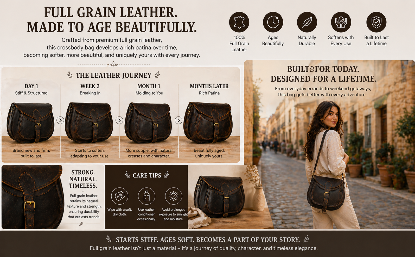 Infographic highlighting the quality and aging process of a full-grain leather crossbody bag, featuring leather patina development over time, care instructions, durability benefits, and a lifestyle image of a woman carrying the bag.