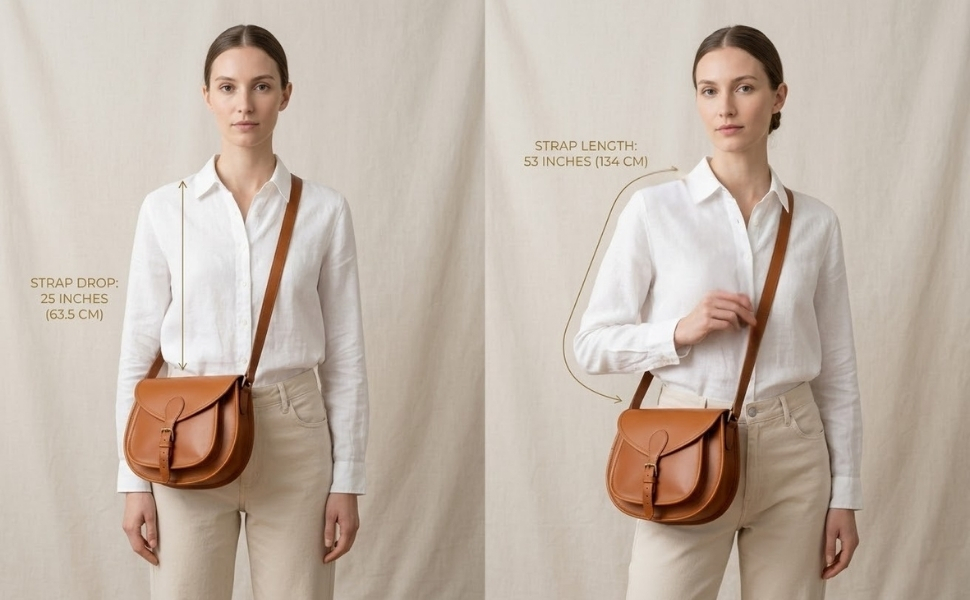 A side-by-side image featuring a model wearing a tan leather saddle bag against a neutral backdrop. On the left, she wears it over one shoulder with a vertical arrow and text indicating a "STRAP DROP: 25 INCHES (63.5 CM)". On the right, she wears it crossbody with a curved line and text indicating a total "STRAP LENGTH: 53 INCHES (134 CM)".