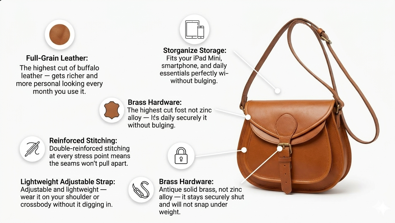 An infographic displaying a tan leather crossbody saddle bag against a white background, surrounded by icons and text callouts detailing its features. The text highlights "Full-Grain Leather," "Storganize Storage" for electronics, "Reinforced Stitching," a "Lightweight Adjustable Strap," and "Brass Hardware."