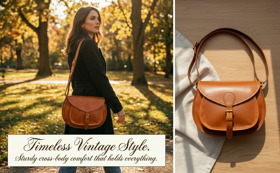 A split-screen promotional image for a tan leather saddle bag. The left panel shows a woman walking in an autumn park, wearing a black coat and the bag styled crossbody. An elegant text overlay at the bottom reads, "Timeless Vintage Style. Sturdy cross-body comfort that holds everything." The right panel features a flat lay of the bag resting on a light wooden surface and a cream-colored cloth, illuminated by bright sunlight casting sharp shadows.