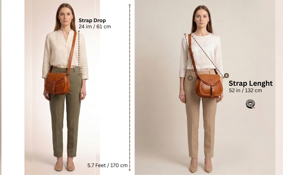 A split image featuring a model demonstrating two ways to wear a tan leather saddle bag. The left side illustrates a "Strap Drop" of 24 inches on a model who is 5.7 feet tall. The right side shows the bag worn crossbody, indicating a total "Strap Lenght" of 52 inches.