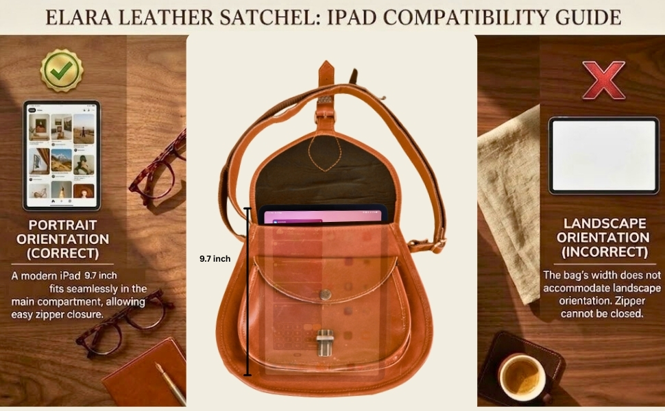 A three-panel infographic titled "ELARA LEATHER SATCHEL: IPAD COMPATIBILITY GUIDE." The left panel features a green checkmark indicating that portrait orientation is correct. The center panel displays an open brown leather bag with a translucent iPad fitting vertically inside, alongside a "9.7 inch" height label. The right panel features a red "X" indicating that landscape orientation is incorrect.