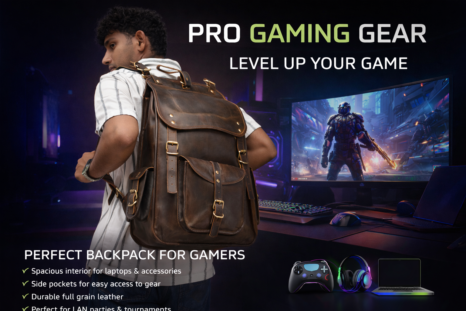 A man wearing a large, dark brown full-grain leather backpack stands in a neon-lit gaming room next to a computer monitor displaying a sci-fi game. Text on the image advertises it as "Pro Gaming Gear" and the "Perfect Backpack for Gamers," highlighting its spacious interior, side pockets, and durability for laptops and accessories.