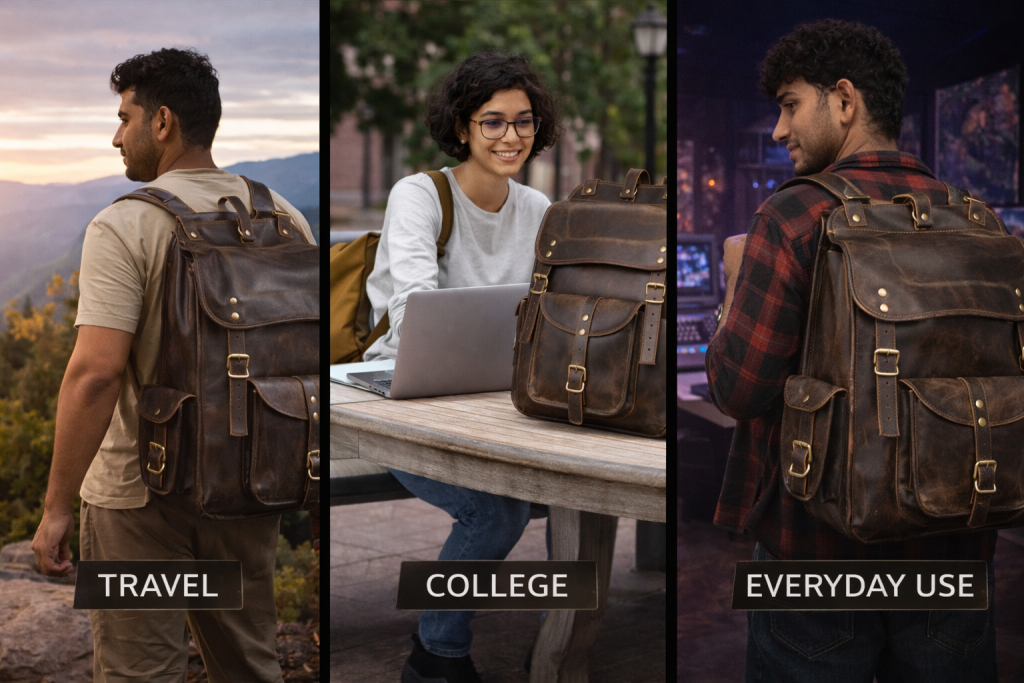 A three-panel collage demonstrating the versatility of a dark brown leather backpack. The left panel shows a man wearing it in a mountain setting with the label "TRAVEL". The center panel features a woman studying on a laptop with the bag beside her, labeled "COLLEGE". The right panel shows a man wearing the bag indoors, labeled "EVERYDAY USE".