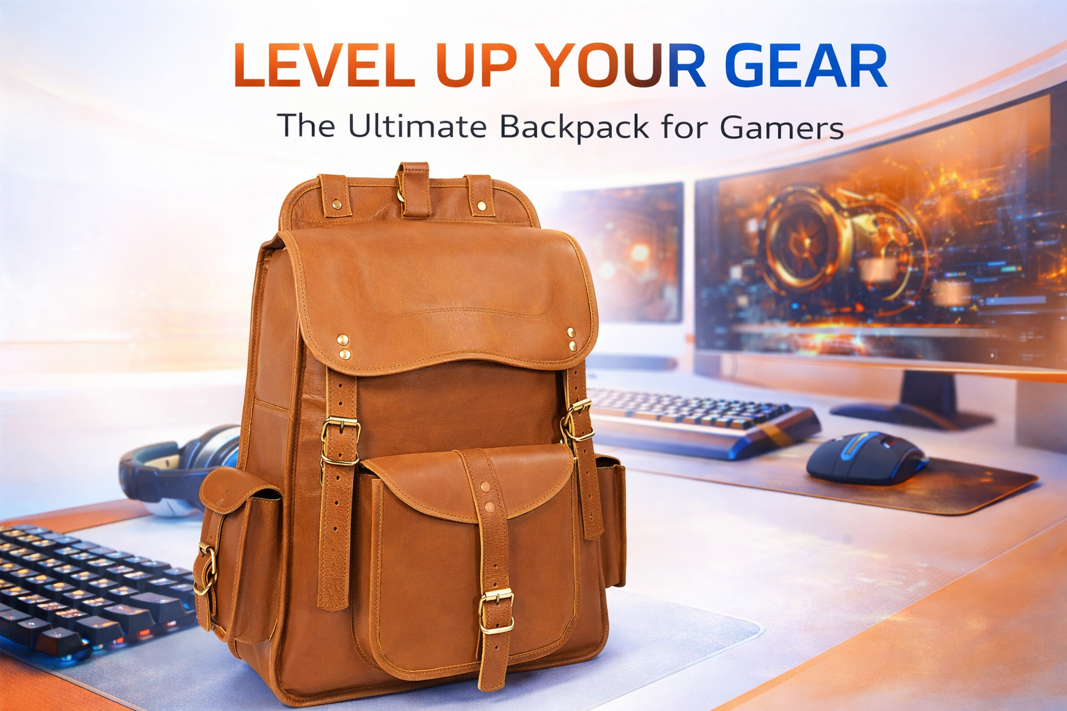 A light brown leather backpack with multiple buckled pouches sits on a white desk surrounded by PC gaming equipment, including an RGB keyboard, a mouse, and a large curved monitor displaying a fiery sci-fi graphic. Text at the top reads "LEVEL UP YOUR GEAR" in an orange-to-blue gradient, above the sub-headline "The Ultimate Backpack for Gamers."