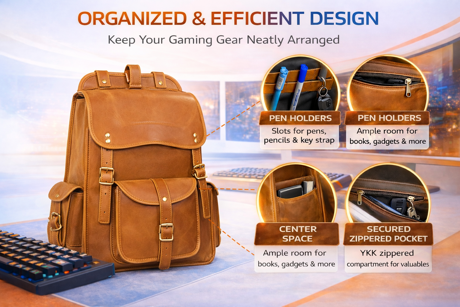 A tan leather backpack sits on a desk next to a gaming keyboard. A gradient headline reads "ORGANIZED & EFFICIENT DESIGN: Keep Your Gaming Gear Neatly Arranged." Dashed lines point from the backpack to four circular insets detailing the bag's interior and exterior storage compartments, including pen holders and secured zippered pockets.
