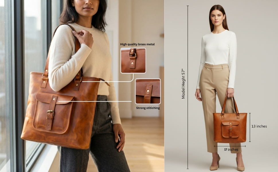 A two-part image showcasing a brown leather tote bag. The left side shows a woman wearing the bag on her shoulder, with inset close-ups highlighting "High quality brass metal" strap rings and "Strong stitching" on the front pocket. The right side features a full-body shot of a model holding the bag to show scale, with text indicating the model's height is 5'7", the bag's height is 13 inches, and the bag's width is 17 inches.