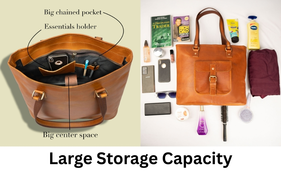 A split-panel image with the text "Large Storage Capacity" at the bottom. The left panel shows a top-down view into an open brown leather tote bag, with lines pointing to a "Big chained pocket" (a zippered section), an "Essentials holder" (slip pockets containing a phone and pens), and a "Big center space." The right panel displays the bag laying flat, surrounded by numerous items meant to fit inside, including two books, lotion bottles, sunglasses, a smartphone, a power bank, cosmetic items, two hairbrushes, and a folded piece of clothing.