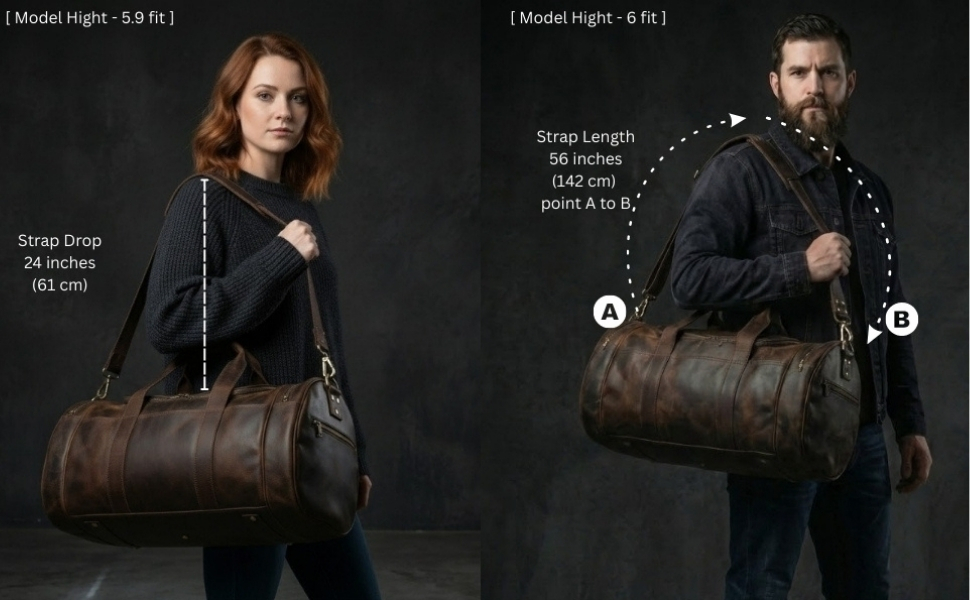 A side-by-side image featuring a female and a male model carrying a dark brown leather duffle bag against a dark studio backdrop. On the left, a woman (labeled "Model Hight - 5.9 fit") wears the bag over her shoulder with a vertical dashed line indicating a "Strap Drop 24 inches (61 cm)". On the right, a man (labeled "Model Hight - 6 fit") carries the bag on his shoulder with a curved dashed line from clip to clip indicating a "Strap Length 56 inches (142 cm) point A to B".