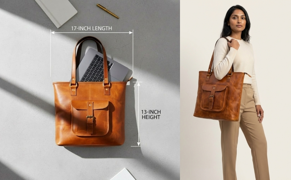 A split image of a brown leather tote bag with a front buckle pocket. The left panel shows the bag laid flat with a silver laptop partially sticking out of the top, accompanied by text and arrows indicating a "17-INCH LENGTH" across the top and a "13-INCH HEIGHT" along the side. The right panel shows a woman in a cream sweater and tan trousers wearing the bag on her shoulder to demonstrate its scale and fit.