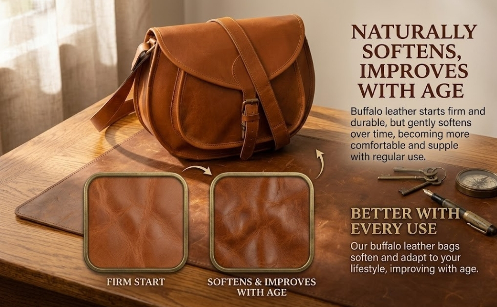 A promotional graphic featuring a tan leather saddle bag resting on a leather desk pad in a sunlit room, next to a pen, keys, and compass. Prominent text reads, "NATURALLY SOFTENS, IMPROVES WITH AGE" and explains that buffalo leather starts firm but softens over time. Two inset square images at the bottom demonstrate this process: the left shows a smooth leather texture labeled "FIRM START," with an arrow pointing to the right inset showing a more supple, creased texture labeled "SOFTENS & IMPROVES WITH AGE."