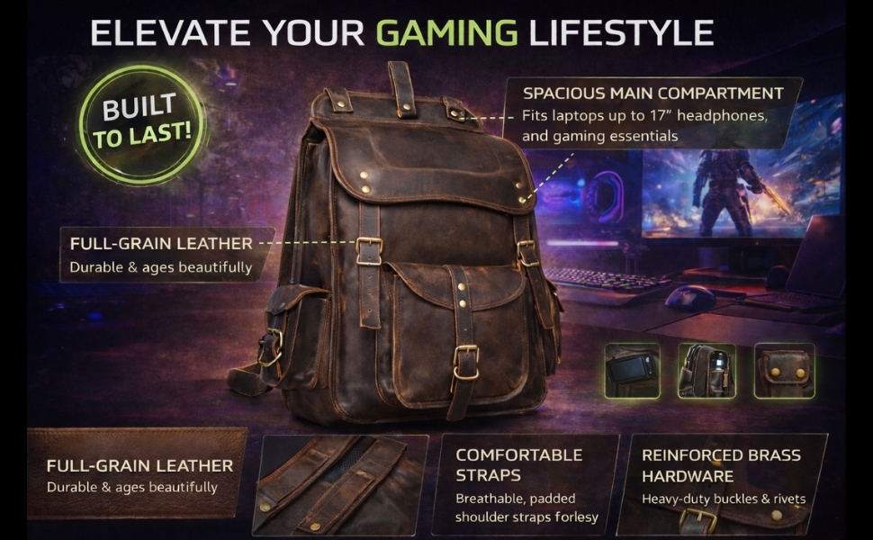 A promotional graphic for a dark brown leather gaming backpack. The image shows the backpack standalone on the left and worn by a man on the right. Four circular inset images highlight features: rugged full-grain leather, padded shoulder straps for built-in comfort, a side pocket holding a water bottle, and a front pocket storing headphones. Text at the top reads "STYLE MEETS FUNCTION. Crafted for Gamers, Built to Last."