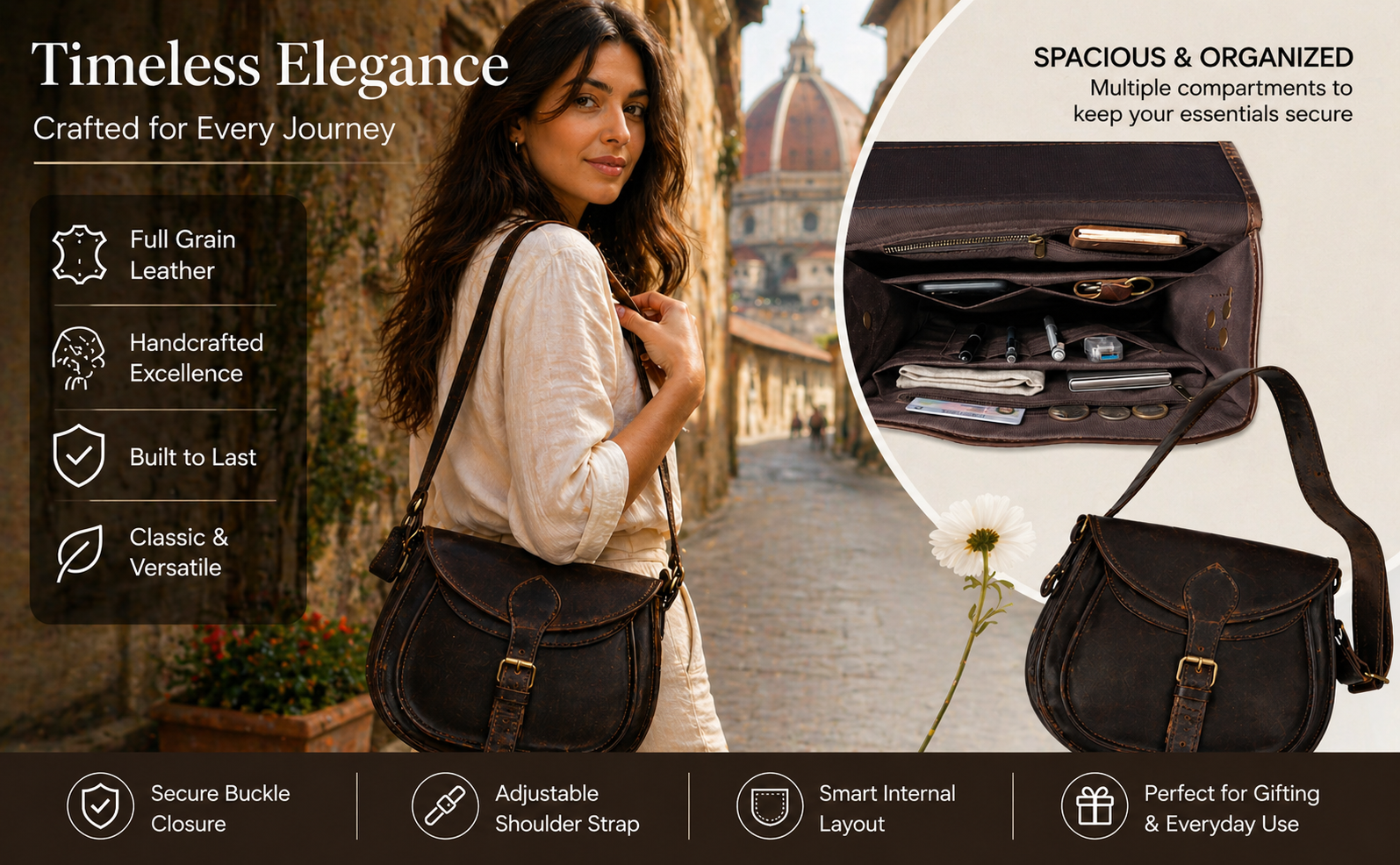 A promotional banner for a dark brown full-grain leather crossbody bag. On the left, a woman walks down a historic European street with a dome cathedral in the background, wearing the bag. The right side features a product cutout showing the bag's exterior alongside a circular inset showcasing its organized, multi-compartment interior filled with everyday items like a phone, pens, and wallet. Text overlays highlight features like "Timeless Elegance" and "Spacious & Organized."