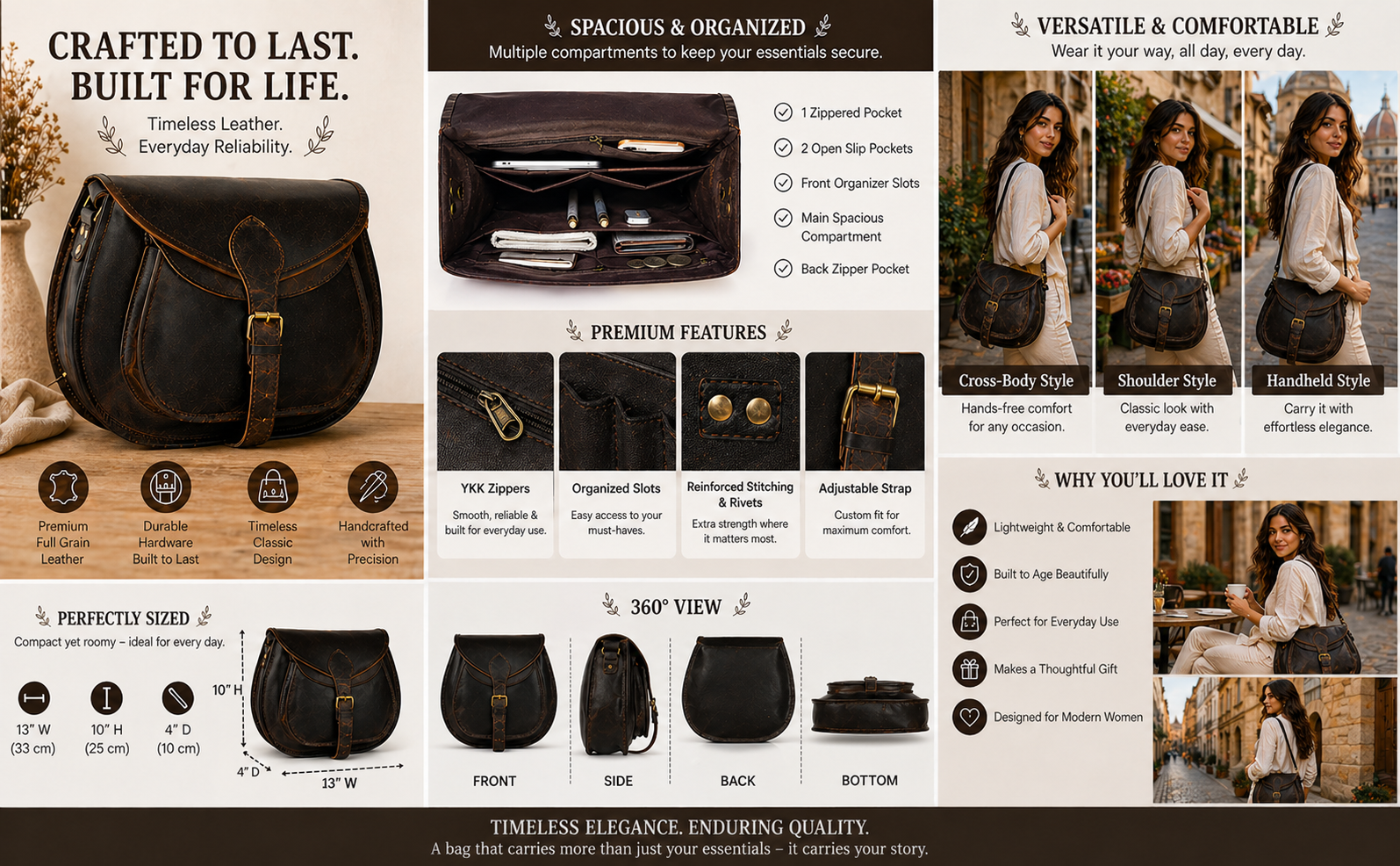 Vintage-inspired dark brown full-grain leather crossbody bag with multiple compartments, adjustable strap, premium hardware, and spacious interior, showcased with lifestyle images and detailed feature highlights.