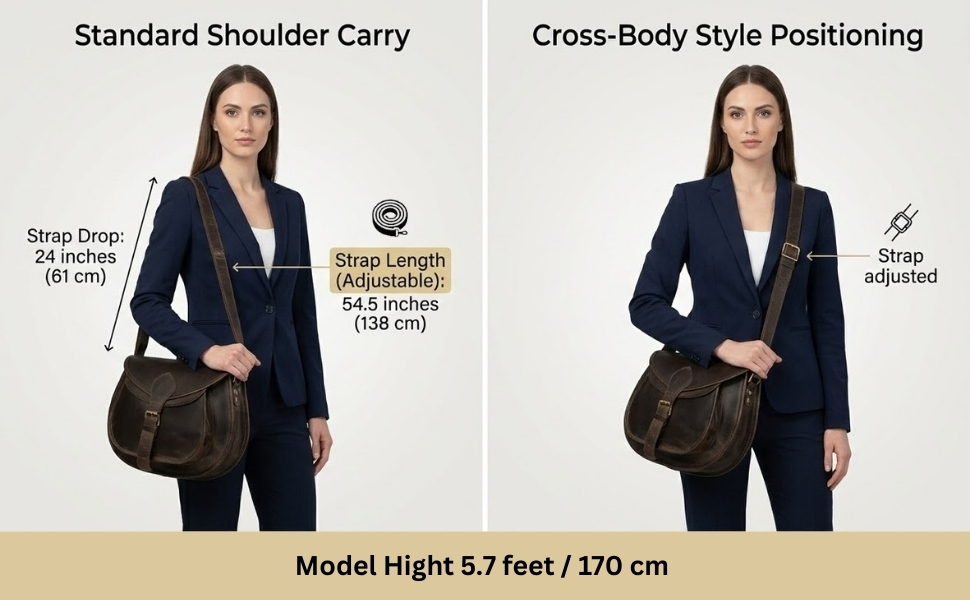 Female model wearing a dark brown leather crossbody bag, demonstrating both shoulder-carry and cross-body styles with adjustable strap length and fit measurements displayed.