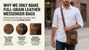 A blog header image split between a photo of a man wearing a brown leather messenger bag in an urban setting, and text detailing the benefits of full-grain buffalo leather, YKK zippers, and durable stitching, with a company tagline.