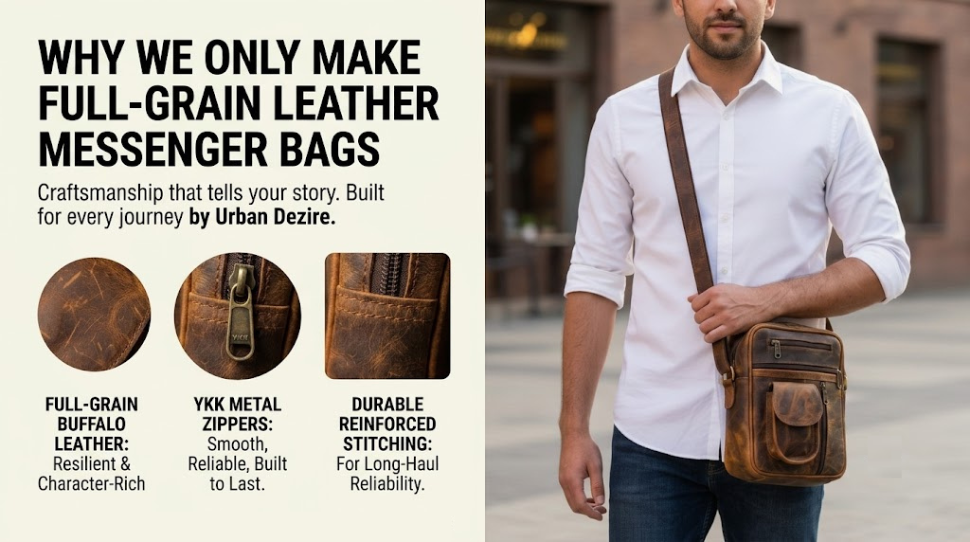 A blog header image split between a photo of a man wearing a brown leather messenger bag in an urban setting, and text detailing the benefits of full-grain buffalo leather, YKK zippers, and durable stitching, with a company tagline.
